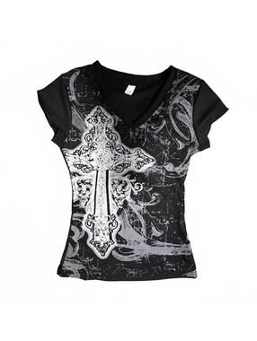 TOP KSC Black Short Sleeve Top with Cross Print size 0